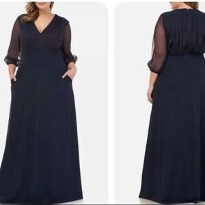JS COLLECTIONS Navy V-Neck Chiffon Sleeve Crepe Empire Waist Gown Size 10
